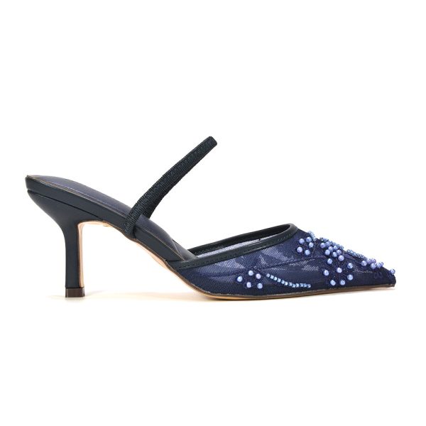 Naya Embroidered Court Shoes Slingback Pointed Toe Mid Stiletto Heels in Navy