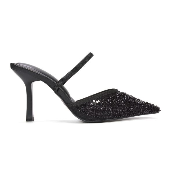 Noah Slingback Stiletto High Heel Rhinestone Embellished Sparkly Court Shoes in Black