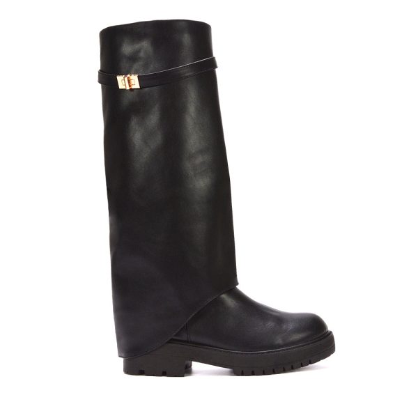 Scarlett Chunky Biker Fold Over Knee High Boots in Black Synthetic Leather