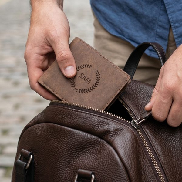 Personalised leather wallet - Engraved - Brown