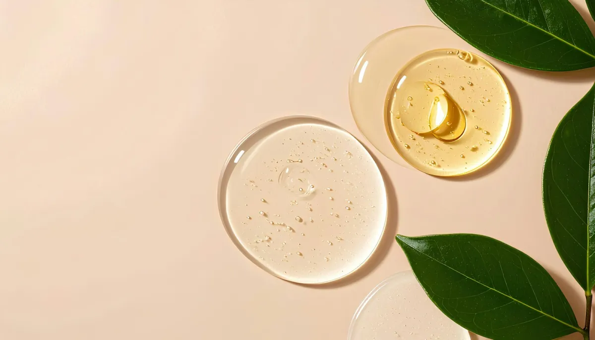 Drops of clear and golden skincare serum beside green leaves on a peach background Drops of clear and golden skincare serum beside green leaves on a peach background