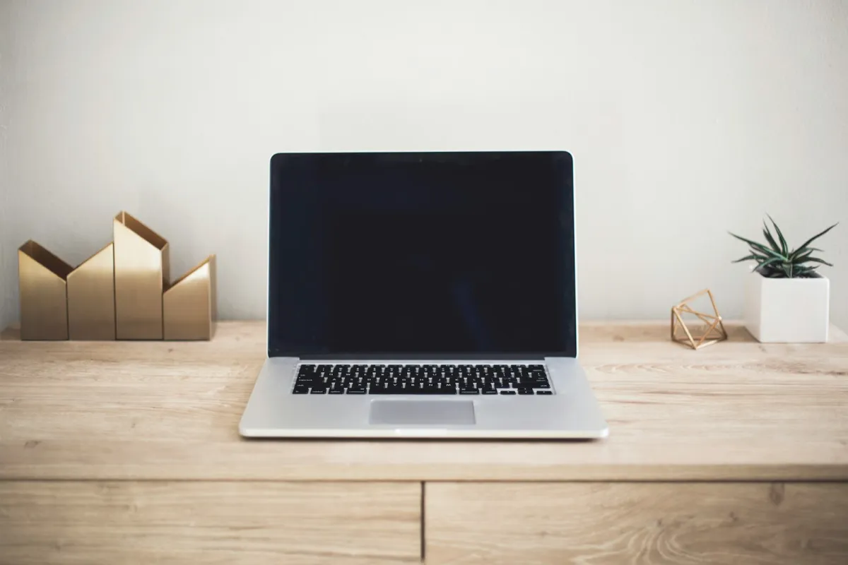 Open laptop on a light wooden desk beside a small plant Open laptop on a light wooden desk beside a small plant