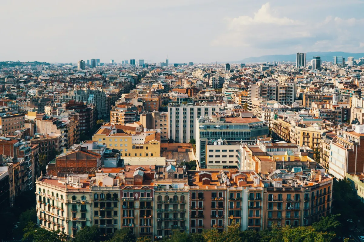 Aerial view over the rooftops and apartment blocks of Barcelona