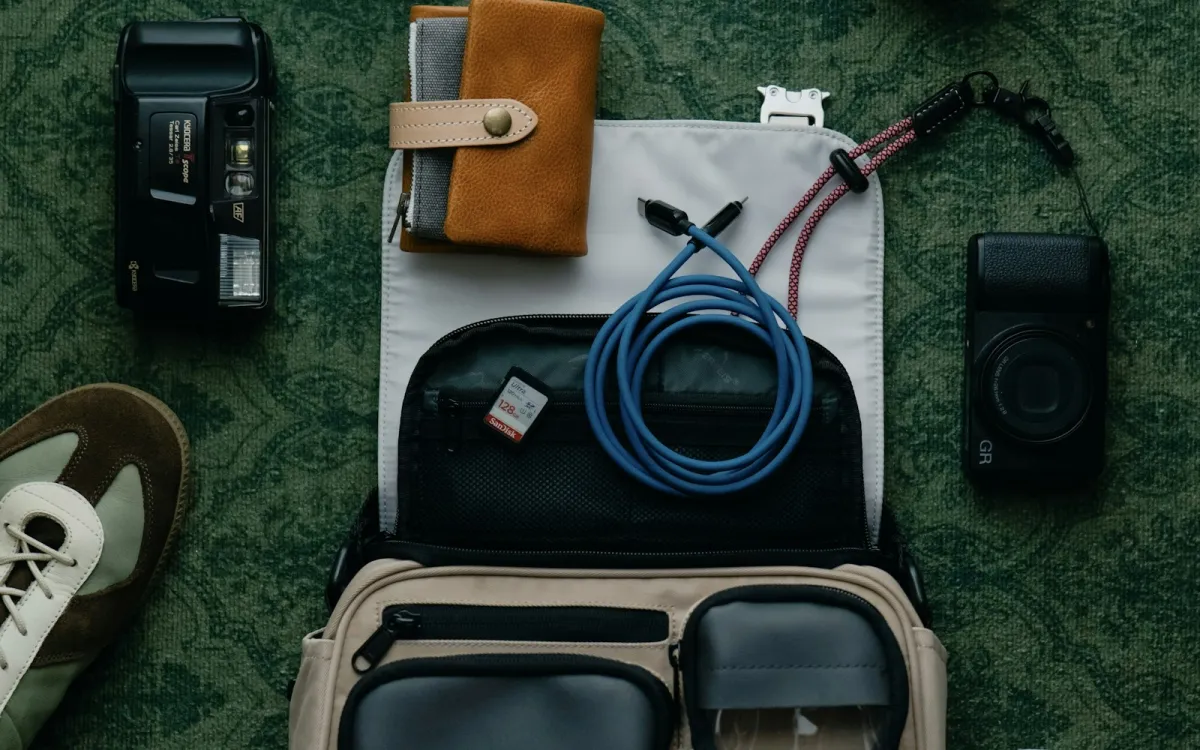 Two compact cameras, a memory card, a cable and a camera bag laid out on a green patterned rug