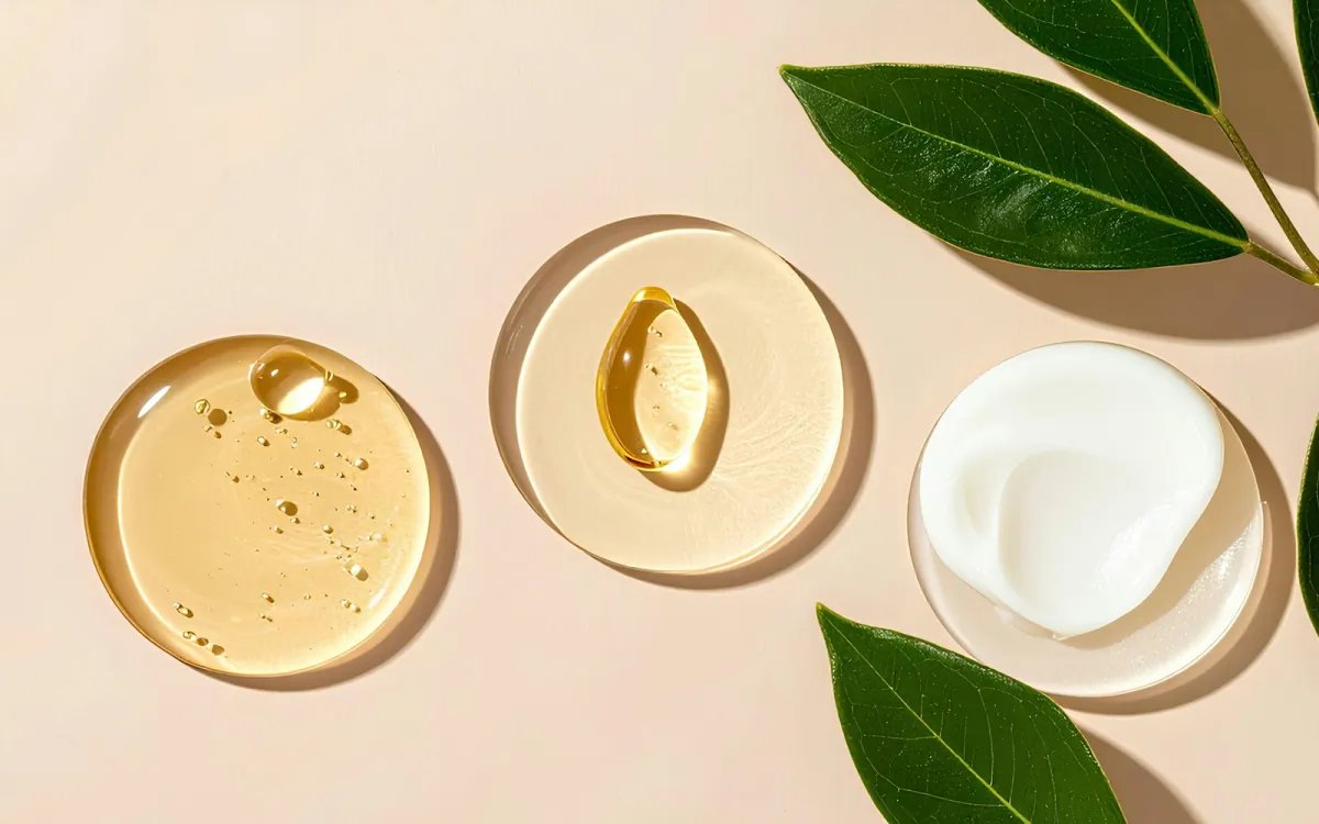 Swatches of skincare serum and cream on clear discs beside green leaves Swatches of skincare serum and cream on clear discs beside green leaves