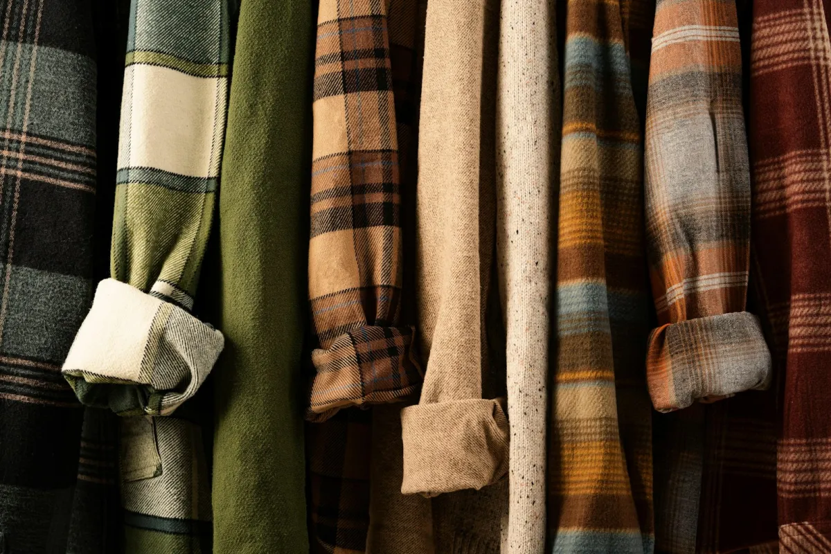 Plaid flannel shirts and knitwear hanging side by side on a rail Plaid flannel shirts and knitwear hanging side by side on a rail