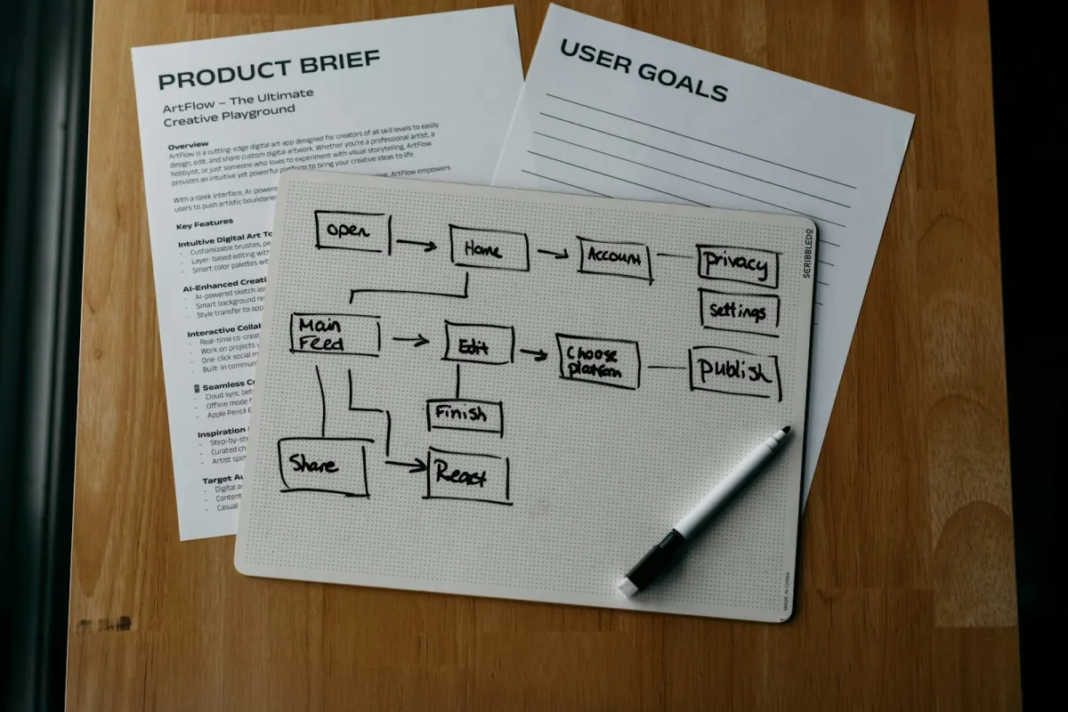 Hand-drawn flowchart on a small whiteboard next to printed planning sheets