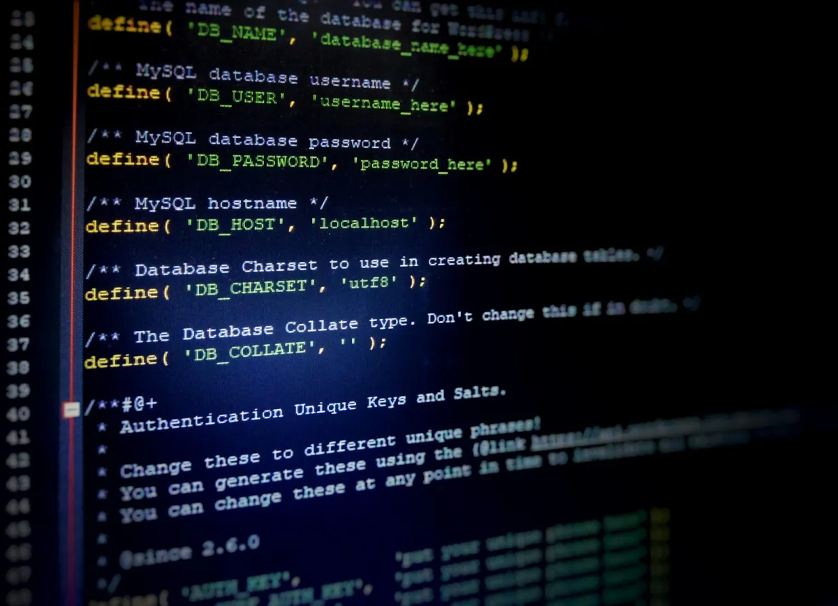 Close-up of website configuration code on a computer screen Close-up of website configuration code on a computer screen