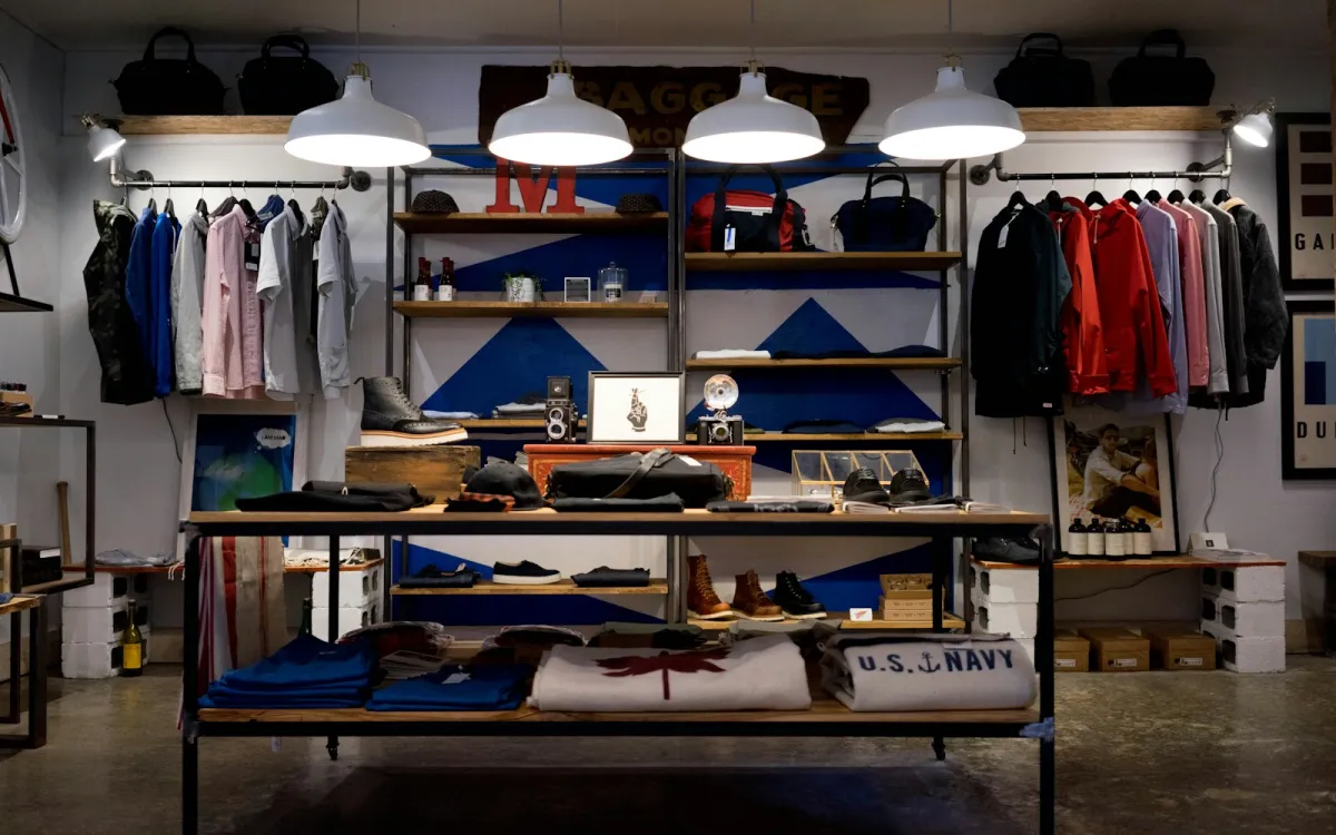 Boutique interior with shirts, jackets, bags and boots on rails and shelves