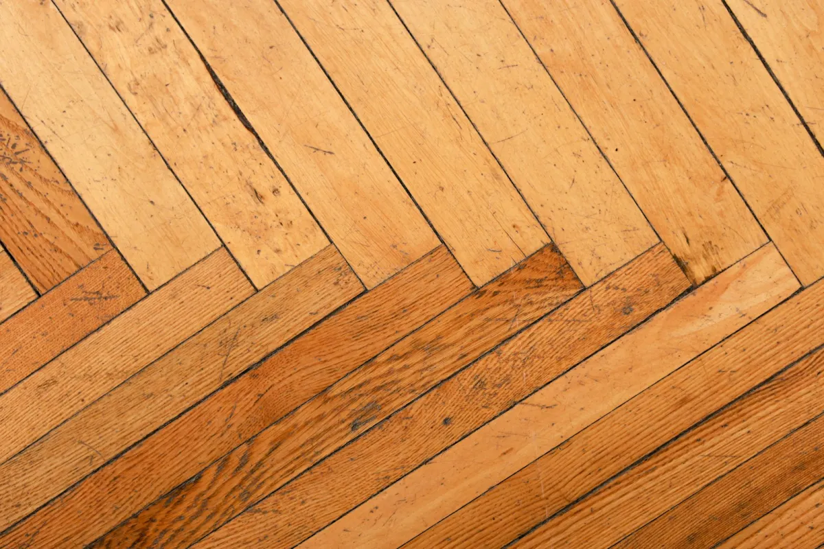 Close-up of a herringbone wooden floor