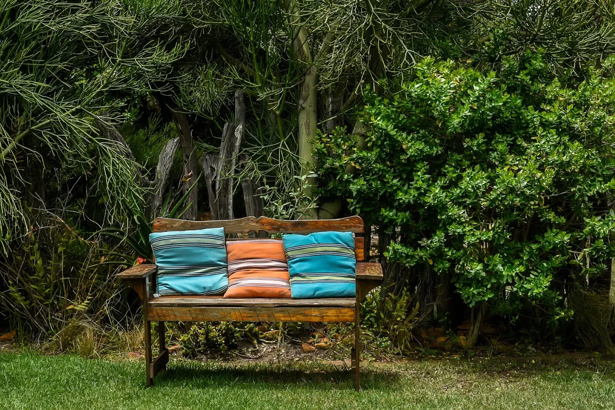 Wooden garden bench with striped cushions in front of lush green shrubs
