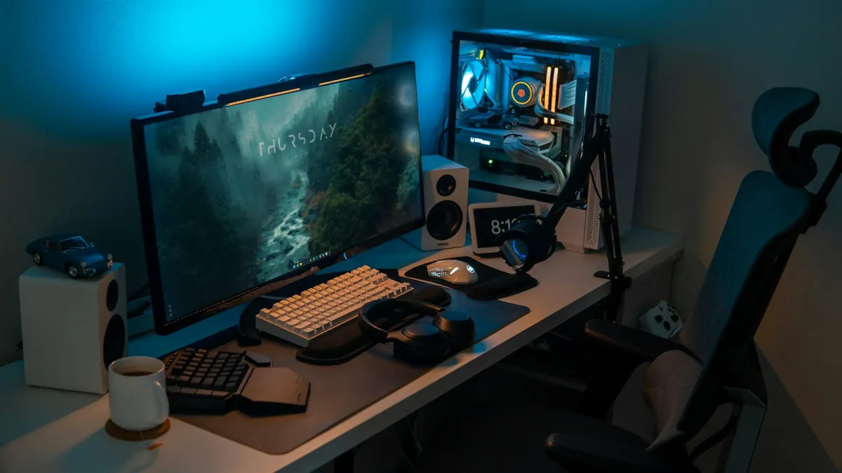 A desktop gaming setup with monitor, keyboard, headphones and a lit PC tower
