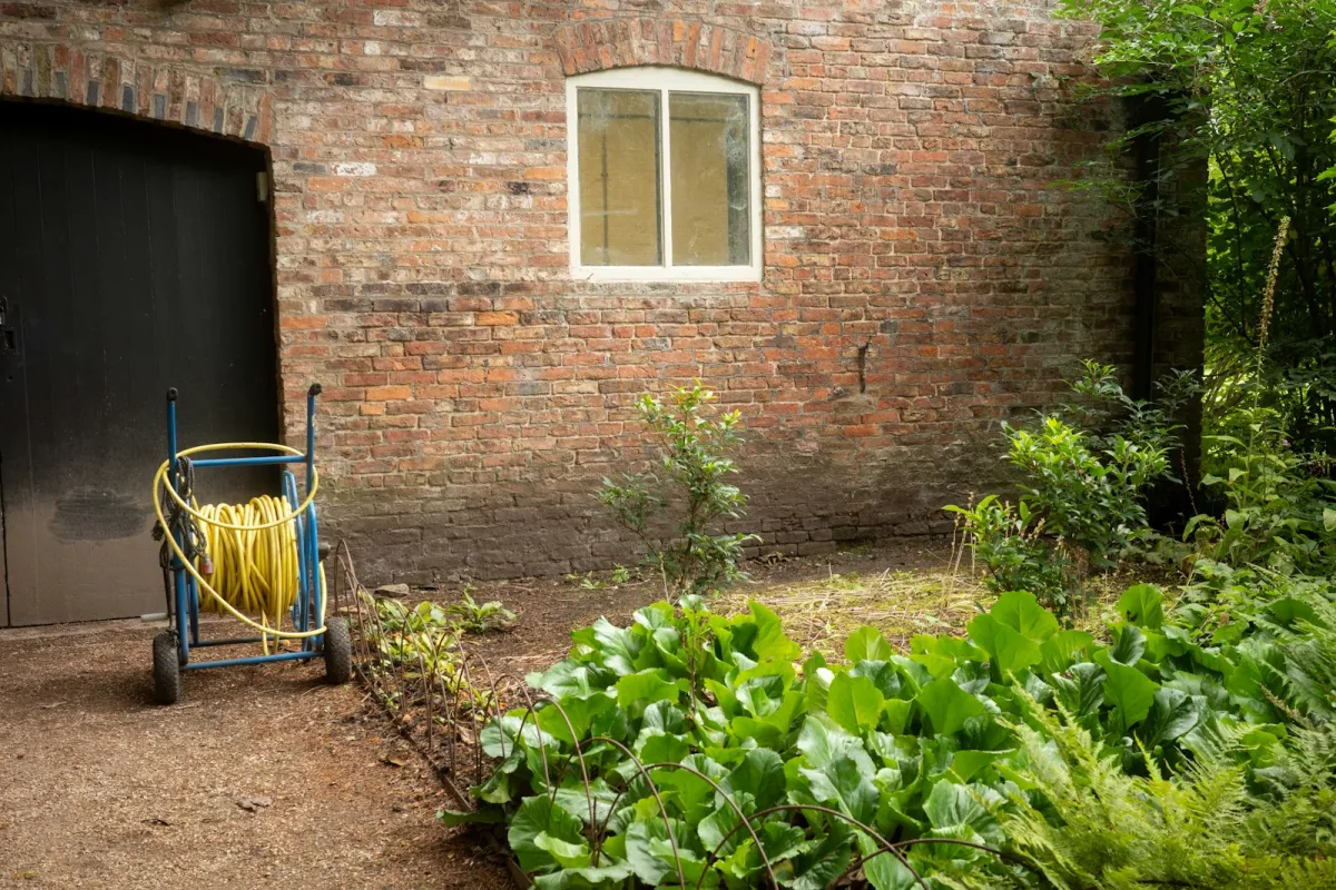 A yellow garden hose on a reel cart beside a brick wall and green plants