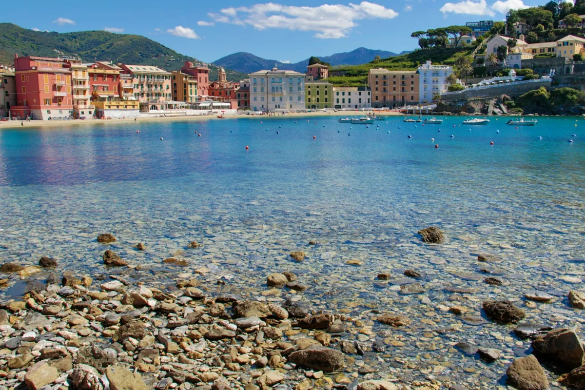 Colourful seafront buildings and beach at Sestri Levante on the Ligurian coast