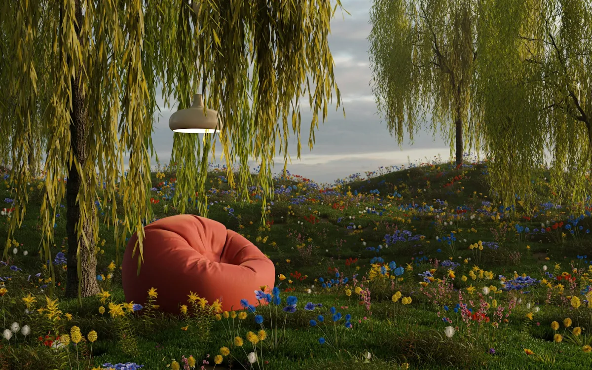 A red bean bag chair in a meadow of wildflowers