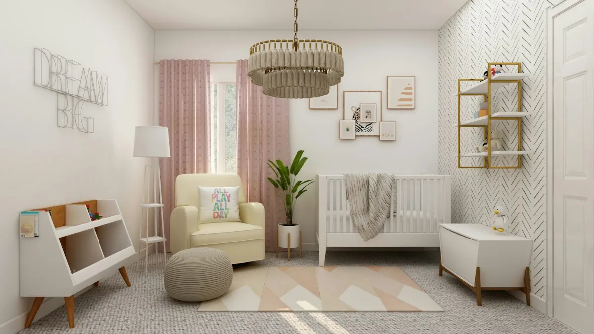 A bright nursery with a cream armchair, white cot and a pastel geometric rug