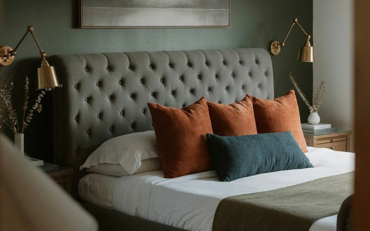 Bed with a grey buttoned upholstered headboard, orange cushions and brass wall lamps