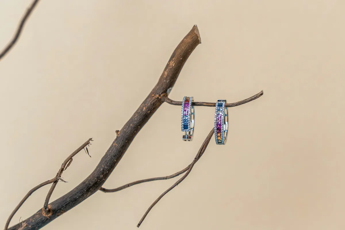 A pair of gemstone hoop earrings hanging from a bare twig against a beige background