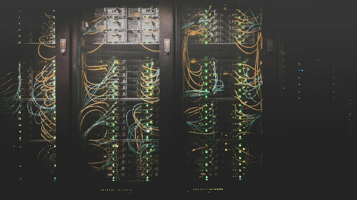 Network cables plugged into a server rack in a data centre Network cables plugged into a server rack in a data centre