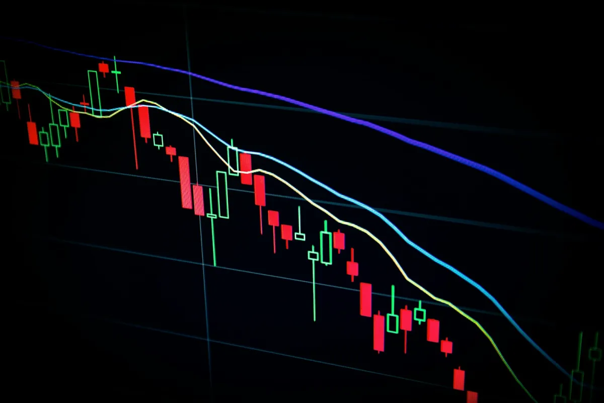 Candlestick price chart with moving average lines on a dark screen Candlestick price chart with moving average lines on a dark screen