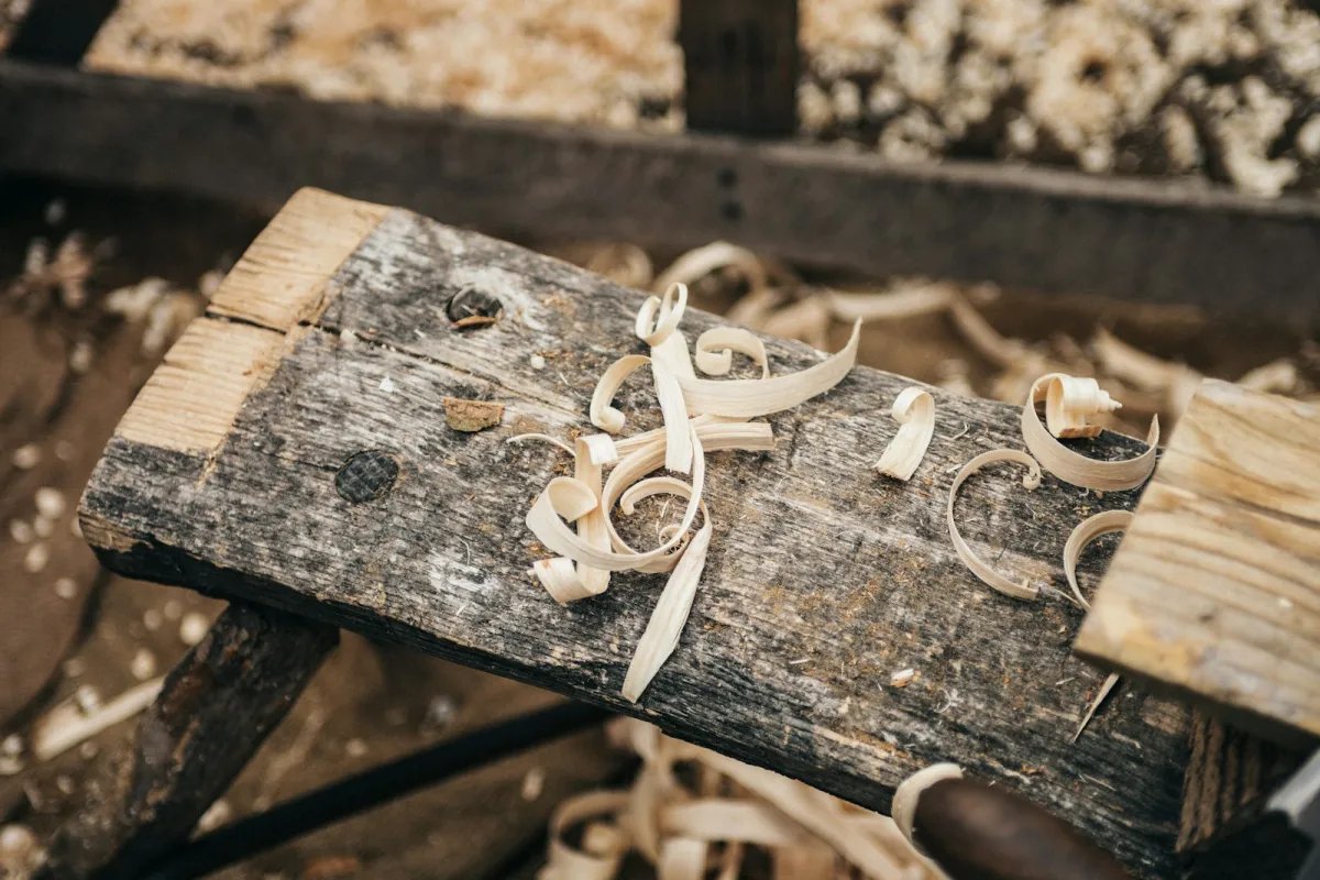 Curled wood shavings on a weathered plank in a woodworking workshop Curled wood shavings on a weathered plank in a woodworking workshop