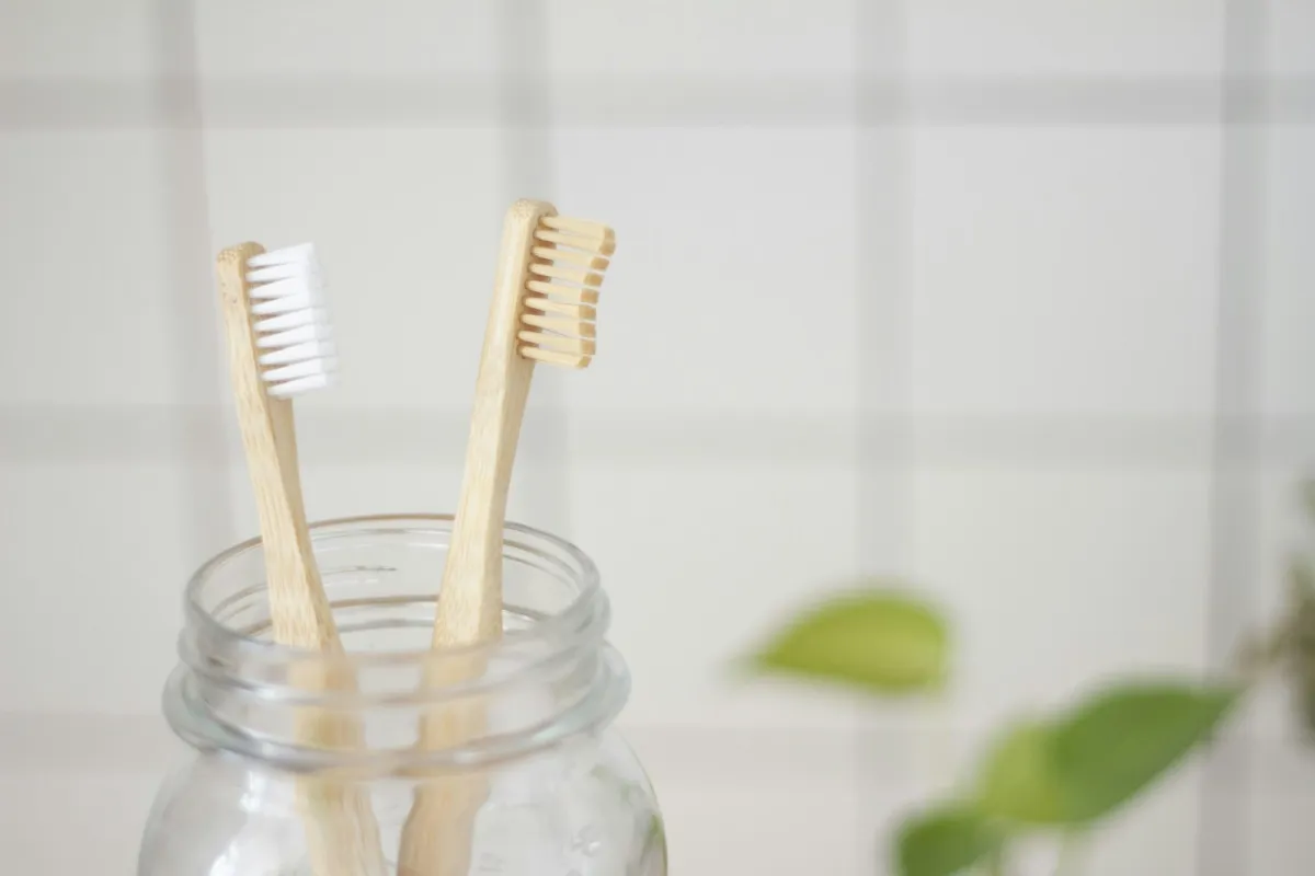 Two bamboo toothbrushes in a glass jar with a green plant in the background