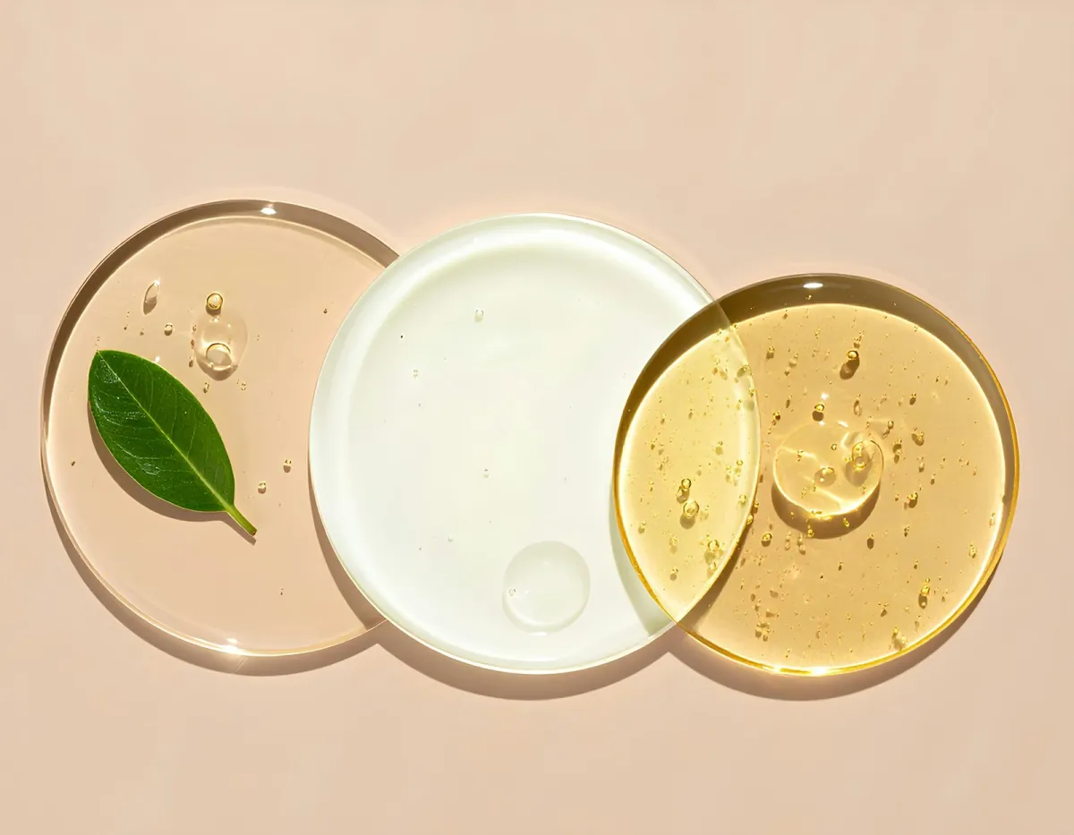 Swatches of skincare gel, cream and facial oil on a beige background