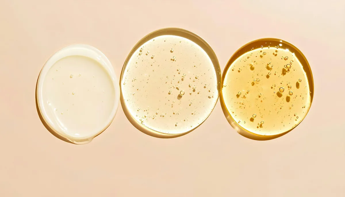 Three pools of skincare gel and cream in cream, pale gold and amber shades on a peach background