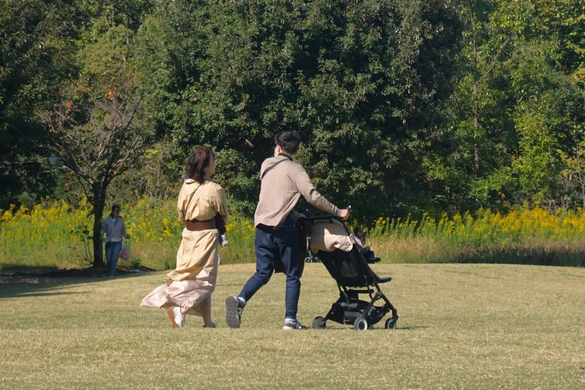 Parents pushing a pushchair across a sunny park