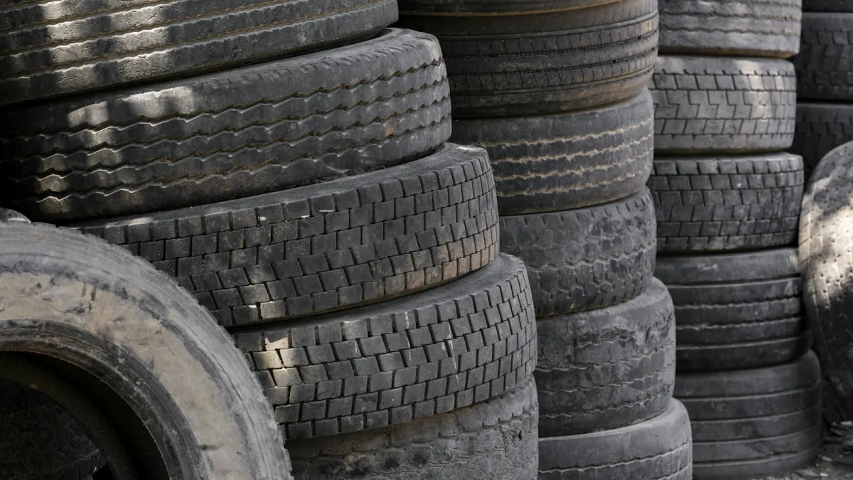 Stacks of car tyres piled up side by side