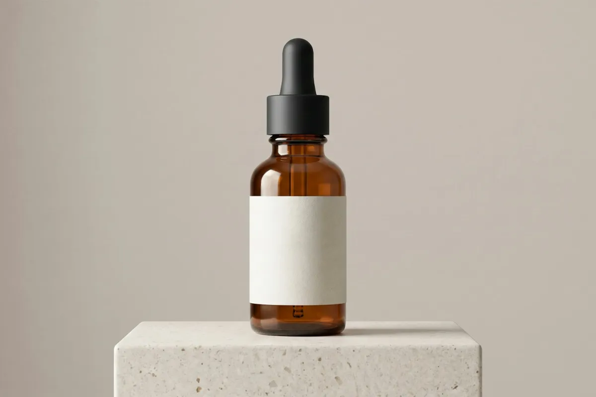 An amber glass dropper bottle with a blank label standing on a stone block An amber glass dropper bottle with a blank label standing on a stone block