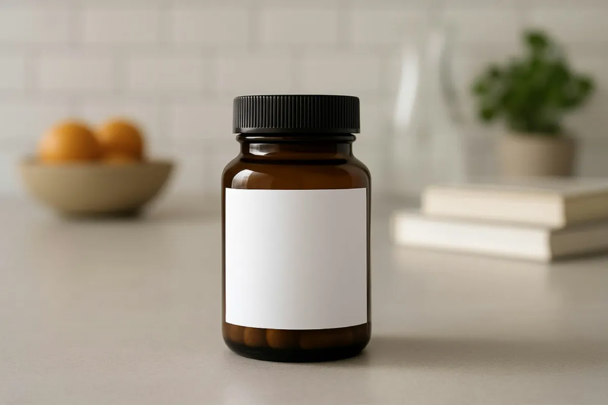 An amber supplement jar with a plain white label on a kitchen counter