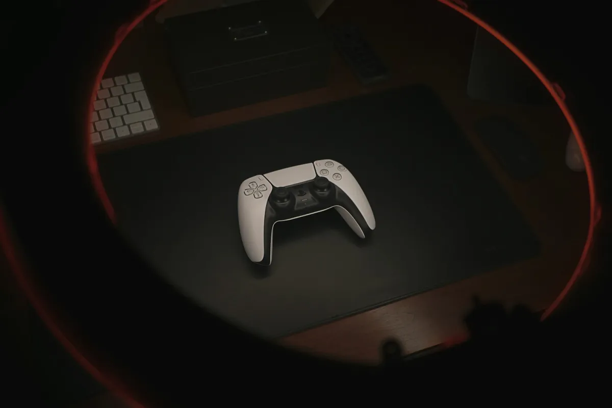 A white wireless game controller resting on a dark desk mat