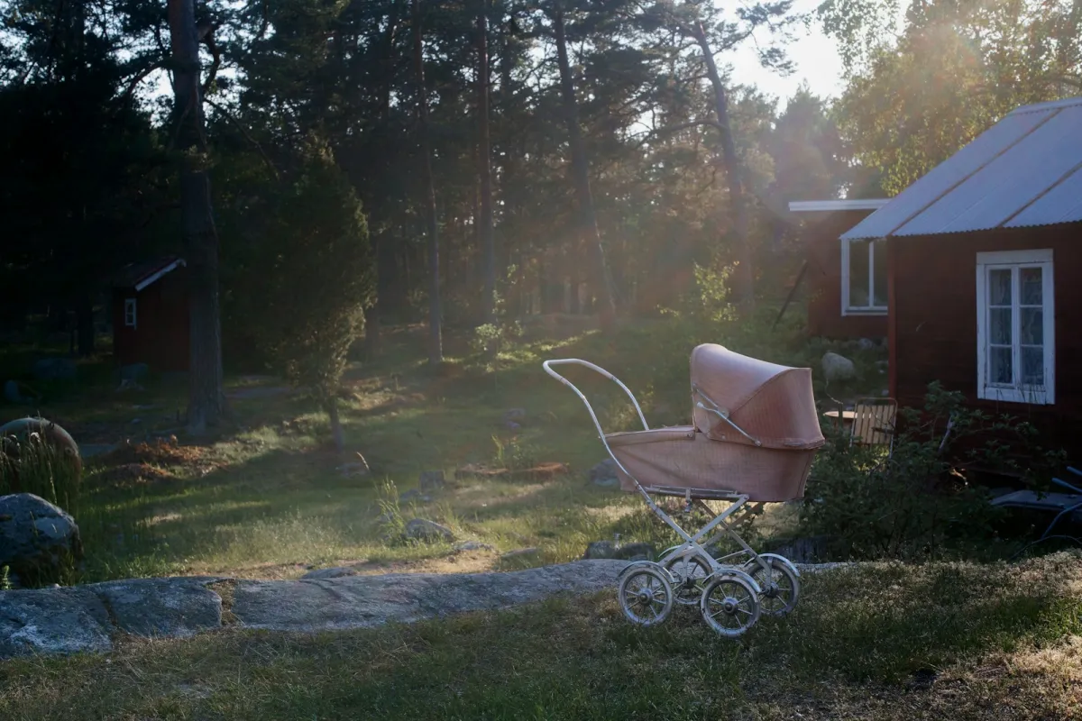 A vintage pink pram standing on grass in evening sunshine beside a red wooden cottage