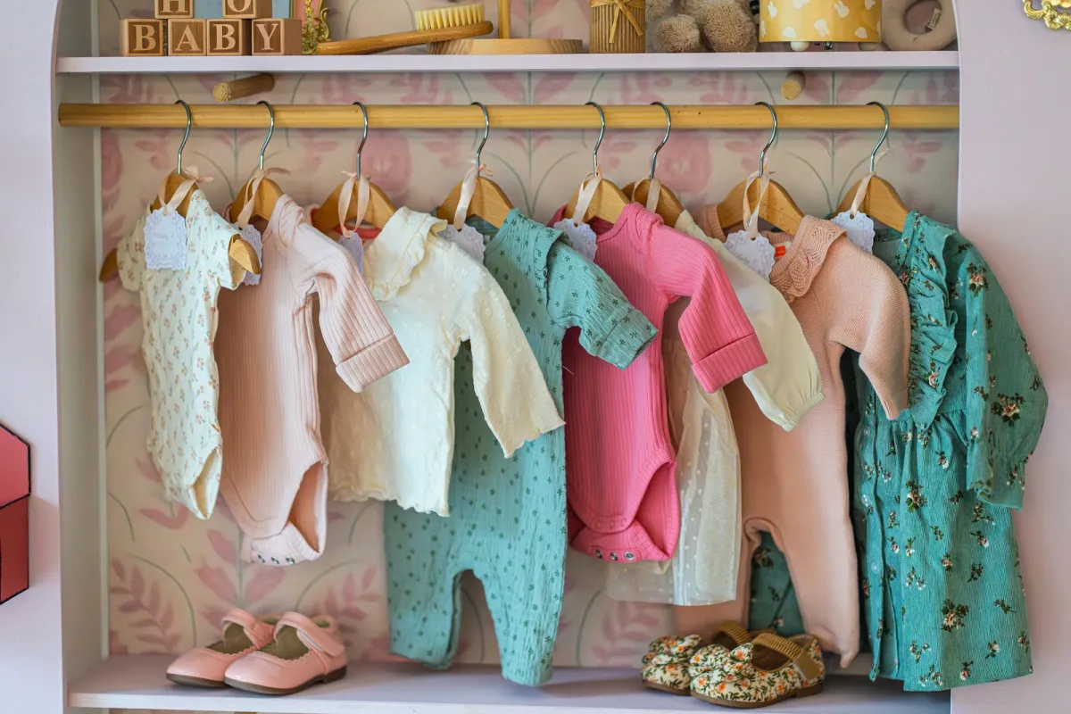Pastel baby bodysuits and outfits on wooden hangers above small shoes