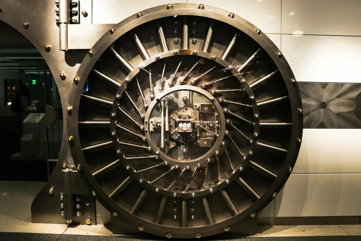 Round steel vault door with bolts and locking mechanism