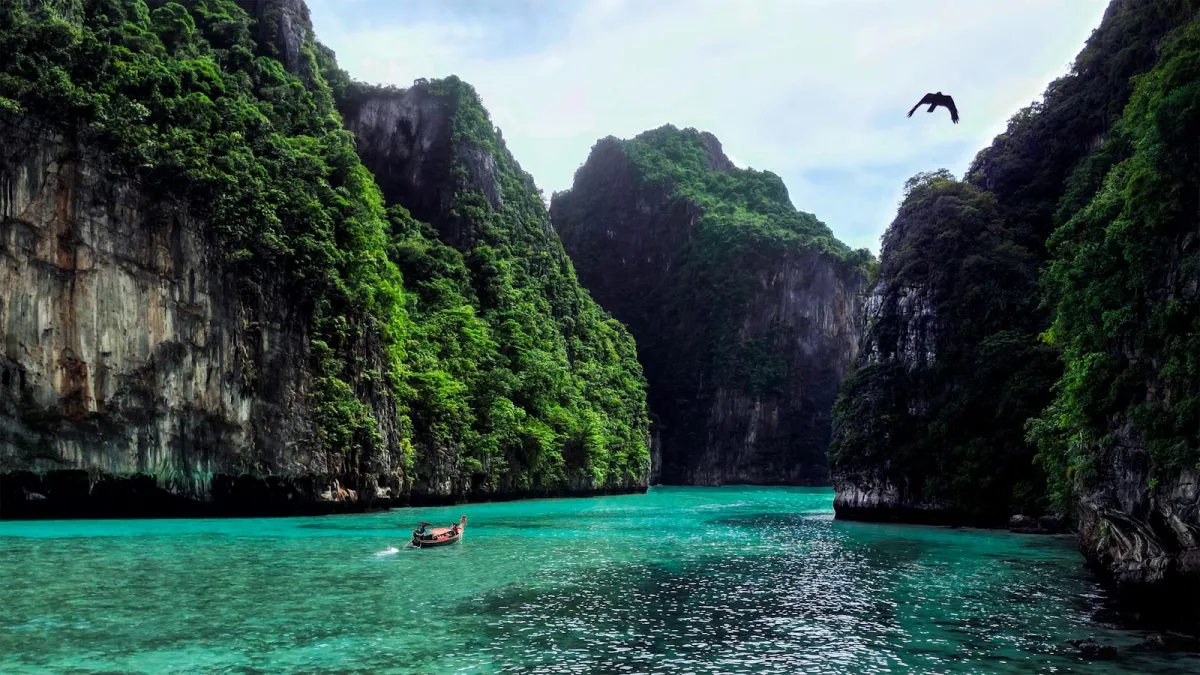 A longtail boat on turquoise water between jungle-covered limestone cliffs in the Phi Phi Islands, Thailand A longtail boat on turquoise water between jungle-covered limestone cliffs in the Phi Phi Islands, Thailand