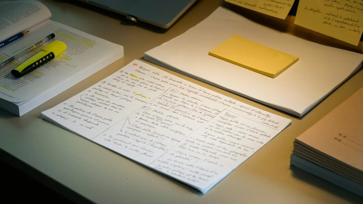 Handwritten notes, a highlighter and a marked-up book on a desk Handwritten notes, a highlighter and a marked-up book on a desk