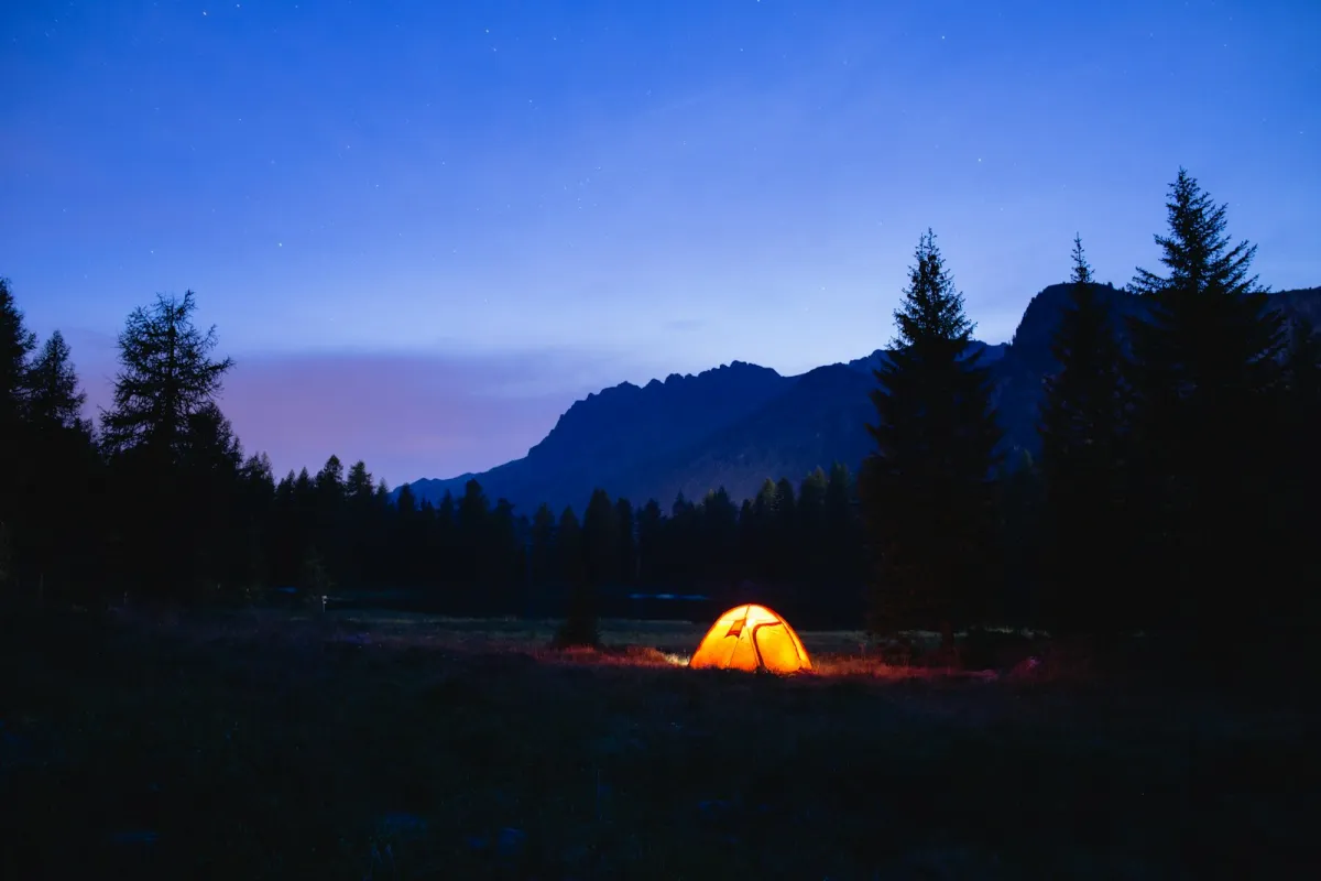 An orange dome tent lit from inside in a clearing among pine trees at dusk