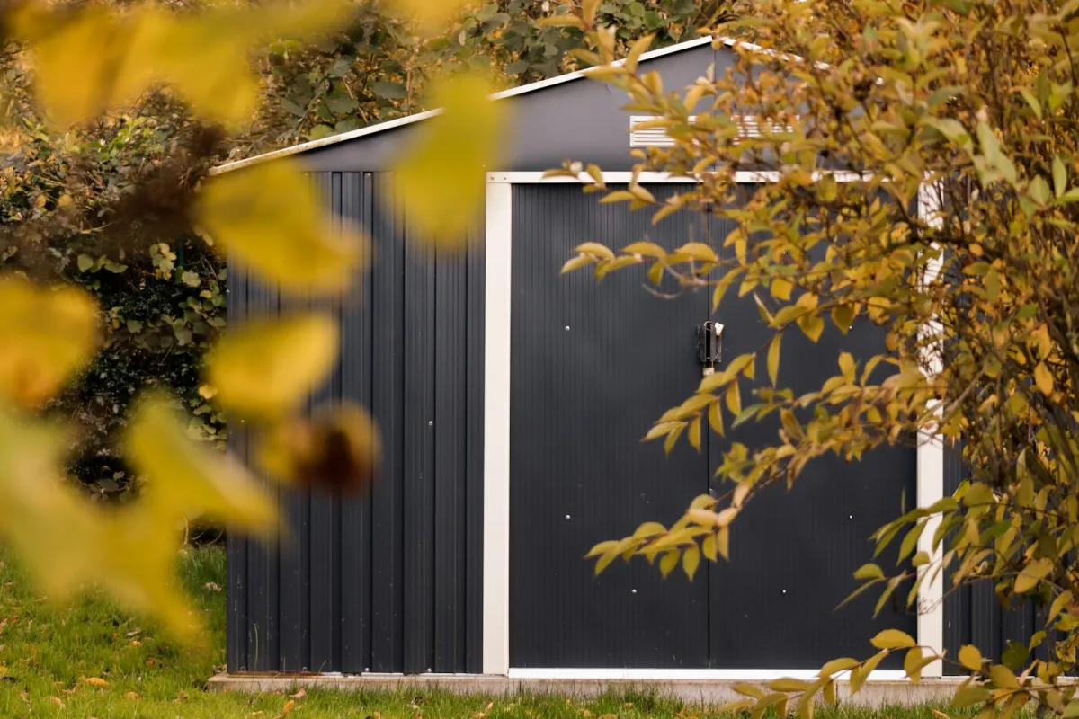 Dark grey garden shed with white trim framed by autumn leaves Dark grey garden shed with white trim framed by autumn leaves