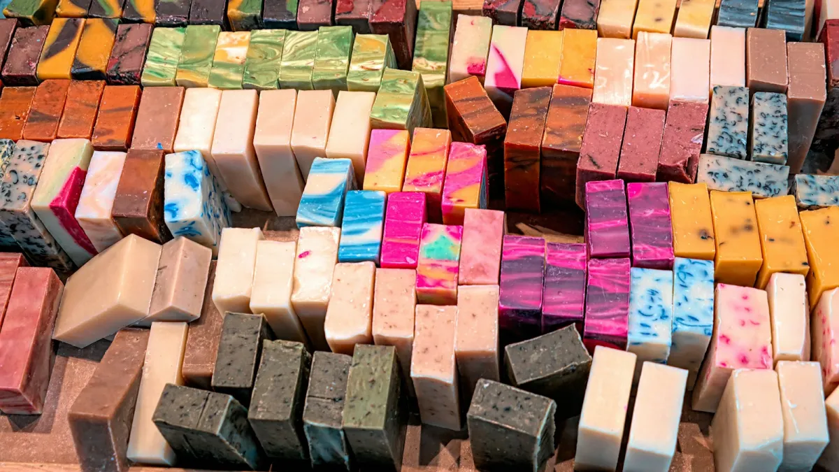 Rows of colourful handmade soap bars stacked together