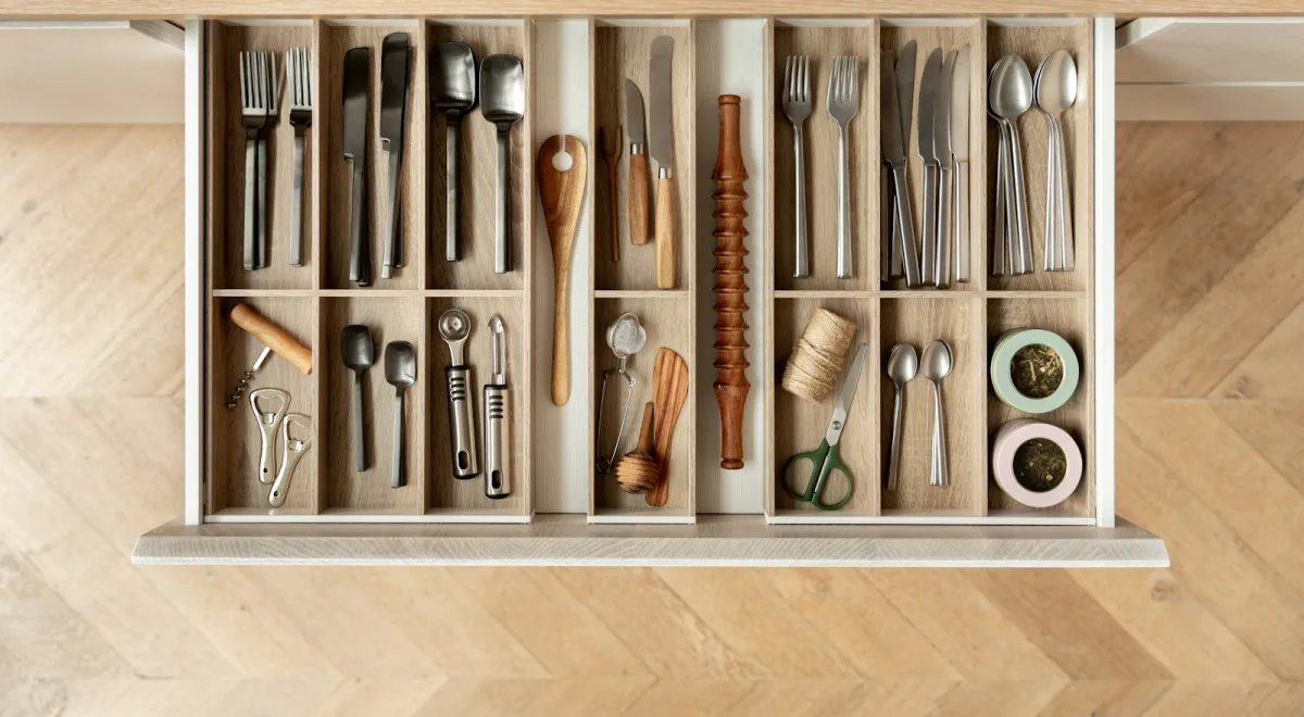 An open kitchen drawer divided by wooden inserts holding cutlery and utensils An open kitchen drawer divided by wooden inserts holding cutlery and utensils