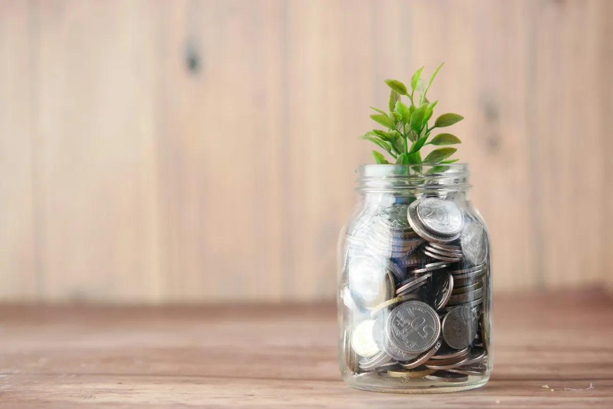 A glass jar of coins with a small green plant growing from the top