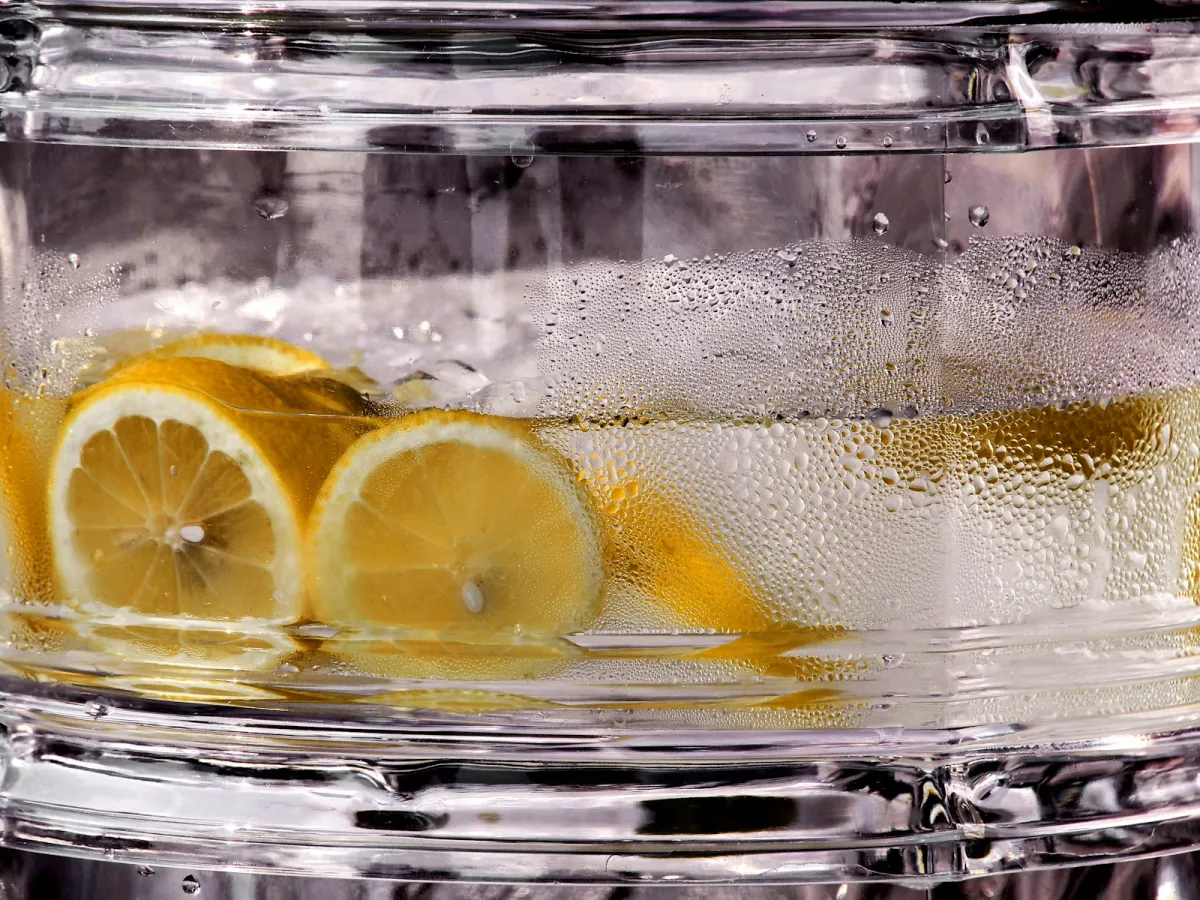 Lemon slices in a glass jug of chilled sparkling water