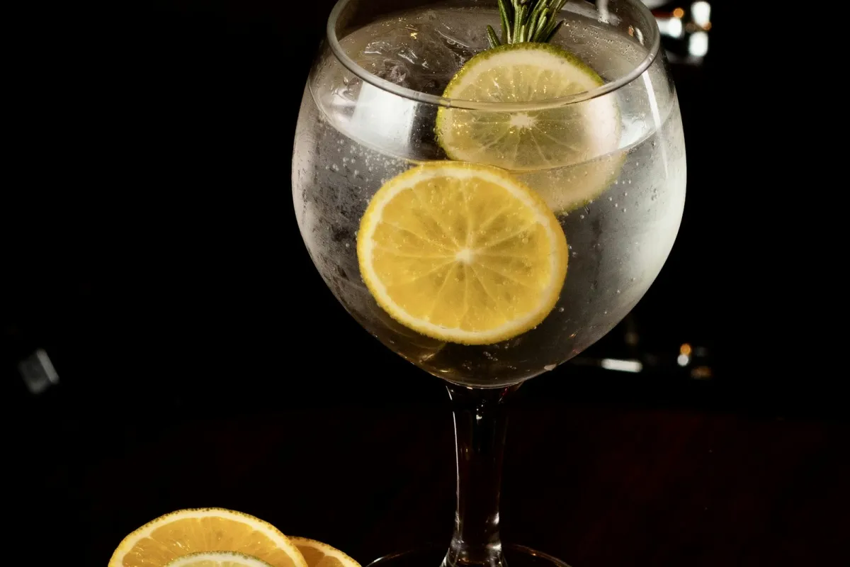 A gin and tonic in a balloon glass with lemon slices and a sprig of rosemary A gin and tonic in a balloon glass with lemon slices and a sprig of rosemary