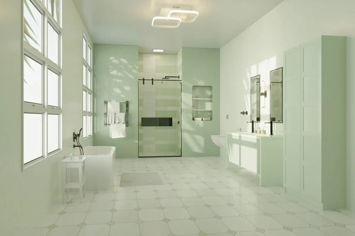 A bright bathroom with white octagonal floor tiles and pale green tiled walls A bright bathroom with white octagonal floor tiles and pale green tiled walls