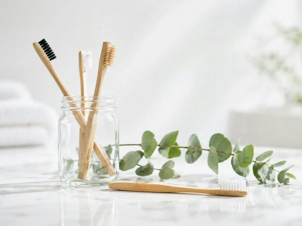 Bamboo toothbrushes in a glass jar beside a sprig of eucalyptus Bamboo toothbrushes in a glass jar beside a sprig of eucalyptus