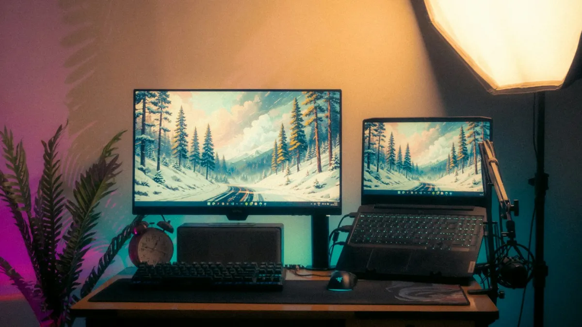 A desk with a monitor and a laptop side by side showing a snowy forest wallpaper A desk with a monitor and a laptop side by side showing a snowy forest wallpaper