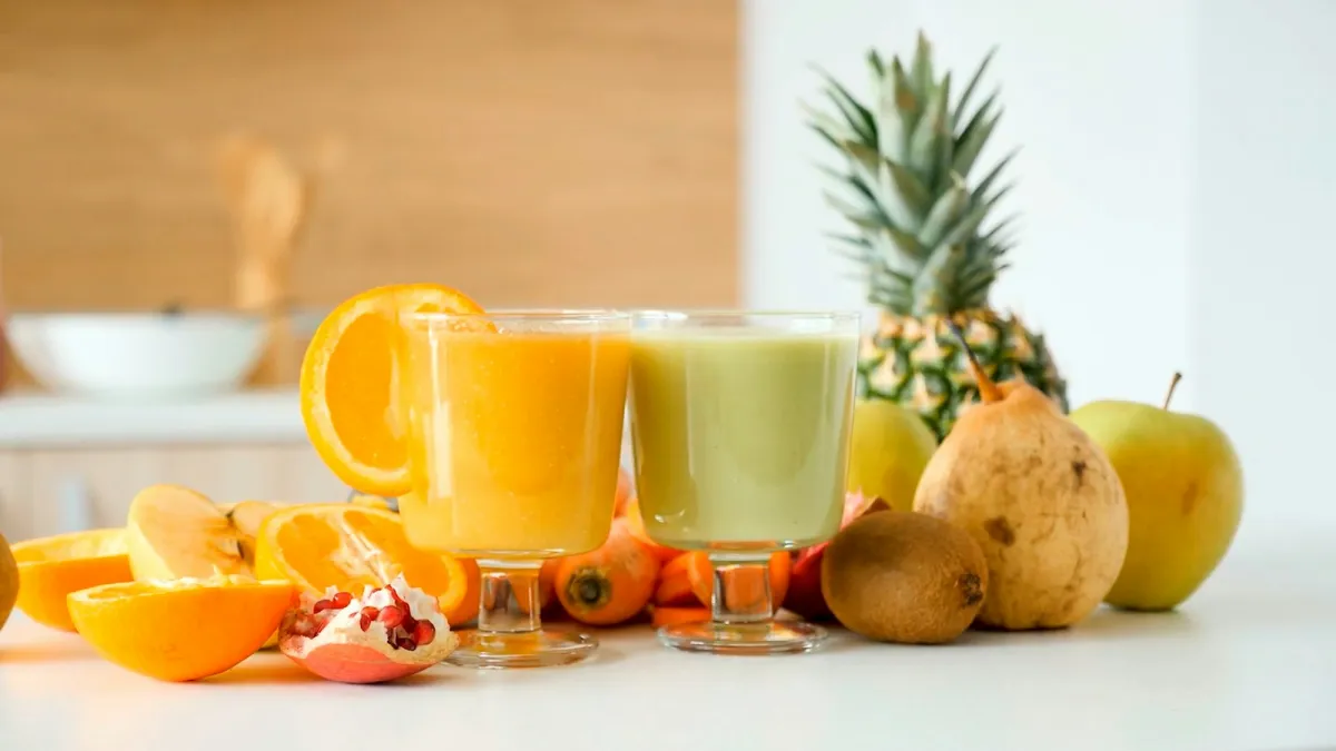 Two glasses of fruit drinks on a kitchen worktop surrounded by oranges, kiwi, pears and a pineapple Two glasses of fruit drinks on a kitchen worktop surrounded by oranges, kiwi, pears and a pineapple