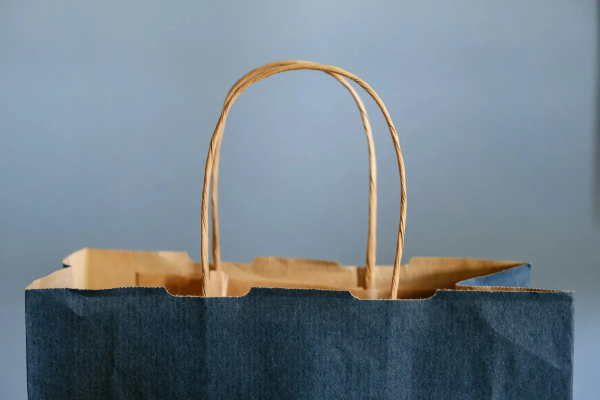 Plain navy paper shopping bag with twisted handles against a grey-blue background